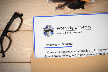 A photo illustration of letterhead for "Prosperity University." The letter begins: "Dear Excepted Student" and continues "Congratulations on your admission to Prosperity..."