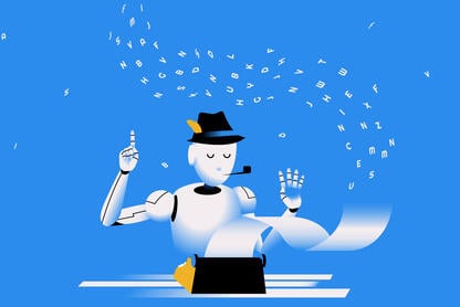 A whimsical illustration of a robot working at a typewriter, a hat with a feather on its head and a cigar in its mouth.