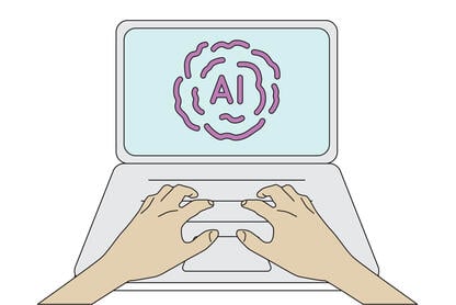 An illustration of two hands resting on a laptop keyboard; the screen says "AI."