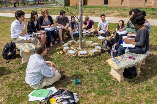 Students gathered around a spindly tree outside.