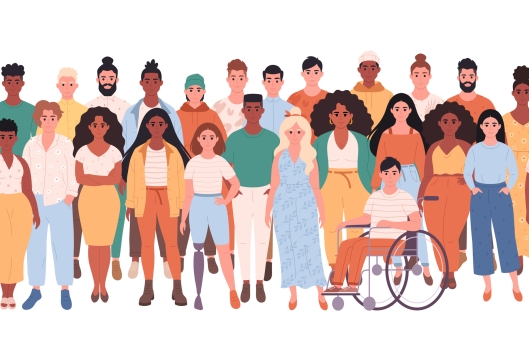 Illustration of a group of very diverse people standing together. At least one person uses a wheelchair.