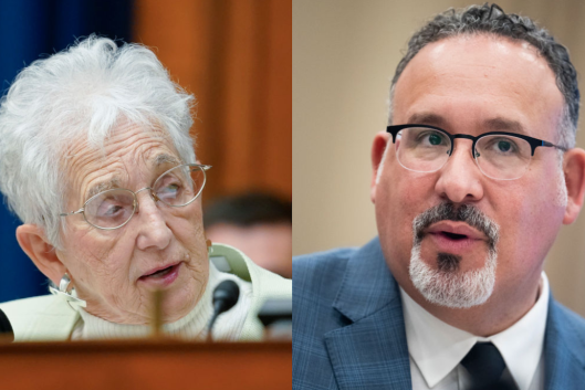 A split image of a light-skinned woman with white hair and glasses speaking into a microphone on the left, while a man with slightly darker skin, glasses and a beard and mustache is on the right