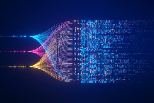 A visualization of AI, with information coming in one side and coming out the other in an orderly fashion.