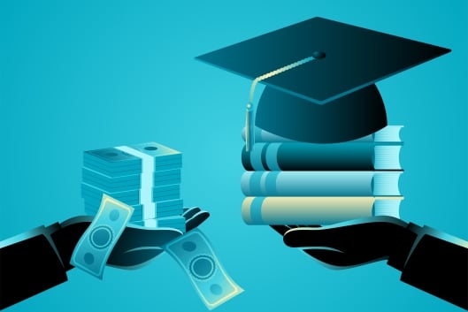 hand holding stack of bills, some falling down, reaches out to hand holding stack of books with mortarboard on top