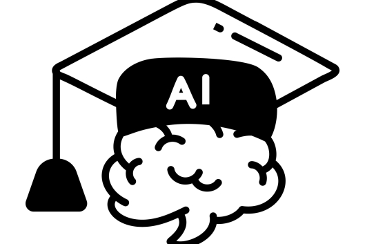 A black-and-white drawing of a human brain topped with a mortarboard bearing the letters "AI."