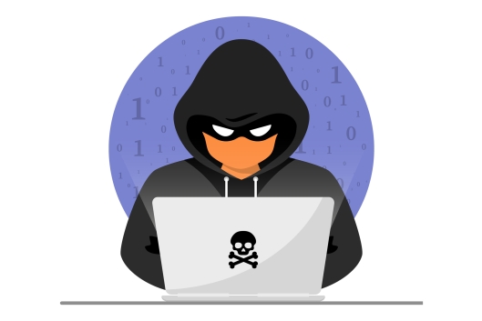 A drawing of someone in a black hoodie at a laptop with a black poison symbol on it, with ones and zeros behind him.