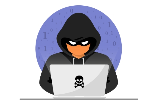 A drawing of someone in a black hoodie at a laptop with a black poison symbol on it, with ones and zeros behind him.