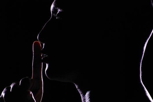 A silhouette of a person with their index finger at their lips indicating quiet.