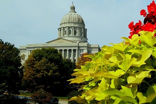 Exterior views of the Missouri State Capitol building, from afar.