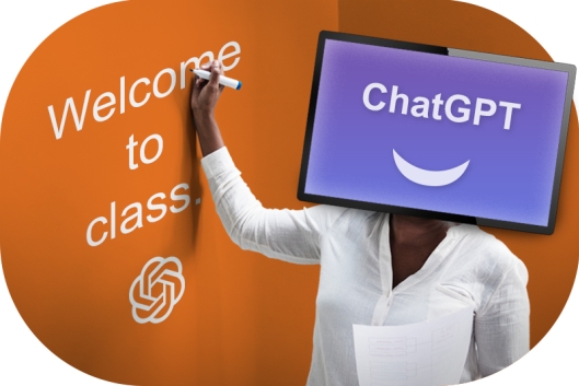 A person with a screen for a head displaying "ChatGPT" writes "welcome to class" on an orange wall.