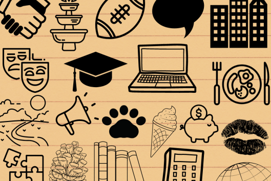 A collage of graphics related to the college experience.