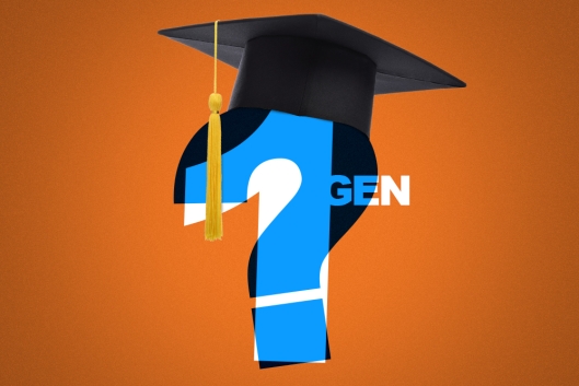 An illustration of the words 1st Gen laid over a question mark with a graduation cap on top symbolizes the inconsistency and uncertainty of what it means to be a first-generation college student. 