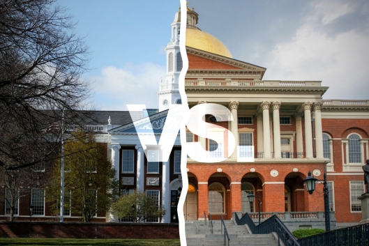 A graphic showing a split between Harvard University and the Massachusetts Statehouse with the letters vs. in the middle