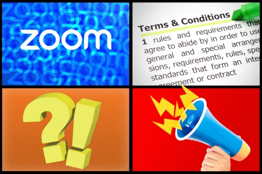 Zoom logo, contract, exclamation mark and question mark and megaphone