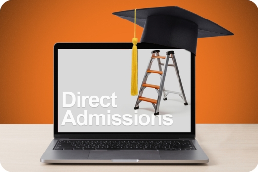 An image of a computer screen bearing the words "Direct Admissions" with a ladder and a graduation cap perched atop the screen