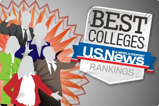 An illustration of angry people in suits yelling at the Best Colleges U.S. News logo