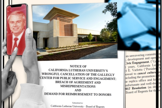 A collage of images including the Elton and Janice Gallegly Center for Public Service and Civic Engagement on the California Lutheran campus.