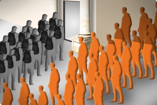A group of orange silhouettes heads one direction while a group of gray silhouettes with backpacks heads under a marble archway