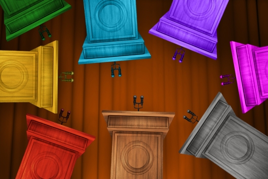 A photo illustration of eight lecterns of different colors pointing at one another.