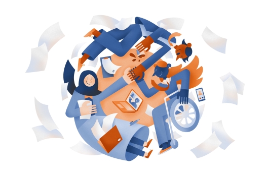 Illustration of a diverse set of team members working together at a round table.