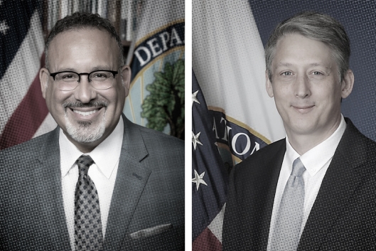 Official head shots of U.S. secretary of education Miguel Cardona and under secretary James Kvaal side by side.