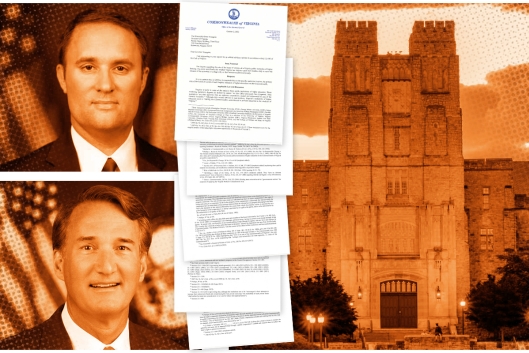 Headshots of Virginia attorney general Miyares and Governor Glenn Youngkin, documents from a recent opinion letter and a building at Virginia Tech