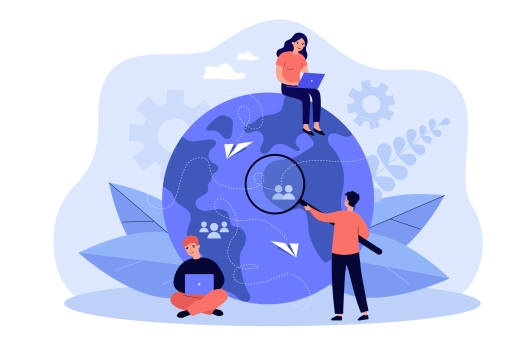Three people sitting on or around a globe, suggesting they are working from different regions