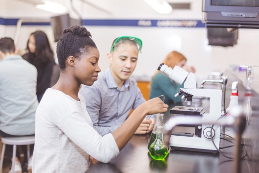 Two college students work together in the chemistry lab. She is carefully measuring solutions into two different beakers. He is watching closely. Other students are working in the background.