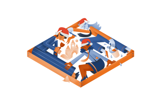 An illustration of leaders wearing holiday hats playing in a sandbox.
