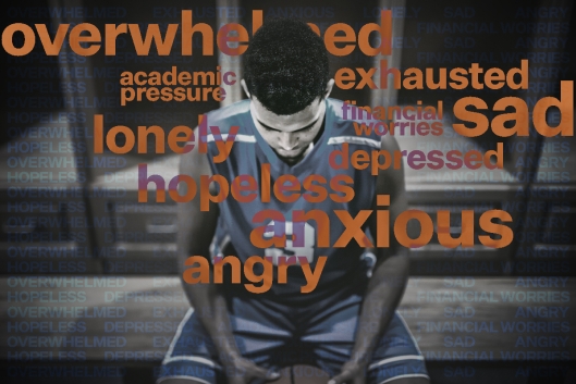 A student athlete in a blue jersey sits surrounded by words like "overwhelmed," "angry" and "financial worries," indicating he is feeling stress