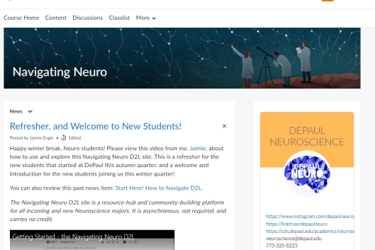 A screenshot of the Navigating Neuro webpage by DePaul University neuroscience staff