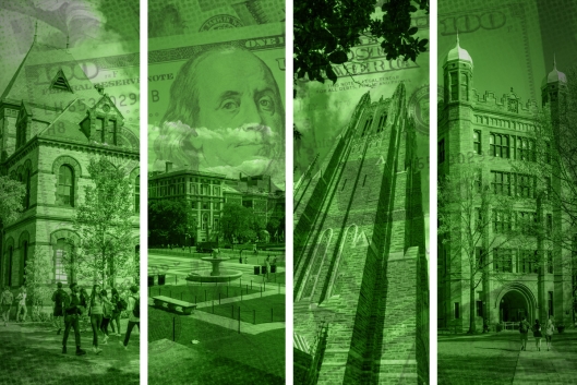 A photo illustration of college campuses against a backdrop of U.S. currency.