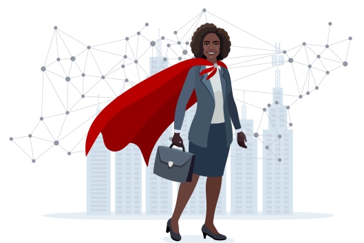 Woman of color wearing a suit and red cape stands proudly with a brief case in front of a high-tech network before shadows of buildings