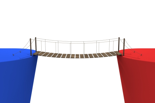 A rope bridge against a white background linking blue and red platforms, illustrating the concept of bipartisanship.