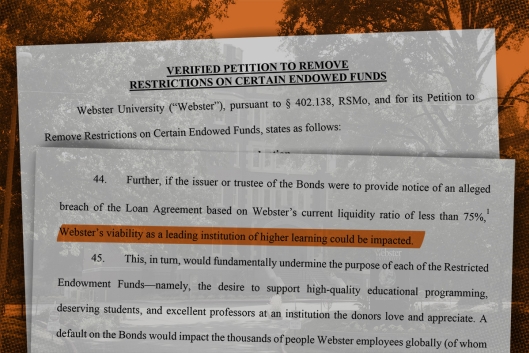 A photo illustration of court documents filed by Webster University.