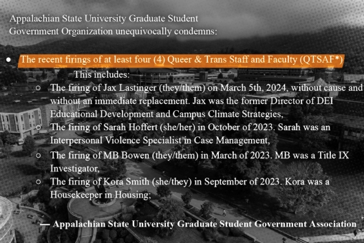 Text condemning the firing of four LGBTQ+ employees of Appalachian State University