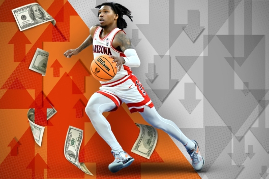 A photo illustration of a University of Arizona basketball player Caleb Love against a backdrop of arrows pointing up and down.