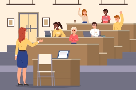 Young teacher addressing lecture class of animated students