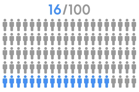 A graphic with the heading 16/100 featuring 100 stick people, 16 of which are blue while the rest are grey, depicting the concept of 16 percent of people.