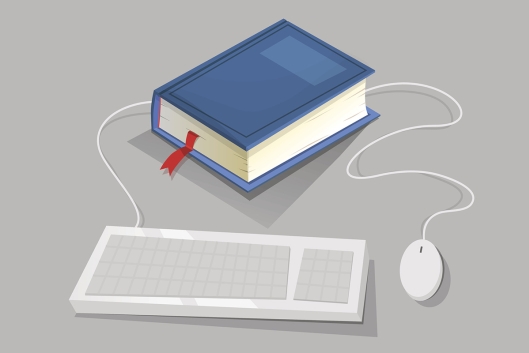 An illustration of a keyboard and a large blue book with a red bookmark hanging out. The cord of the mouse goes through the blue book