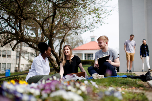 Students sit on the lawn at Marymount University in Virginia on a sunny day