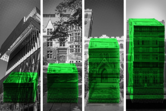 A photo illustration of stacks of money against the backdrop of college campuses.