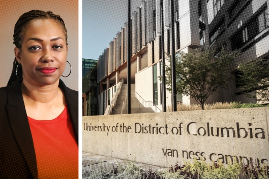 Combination photo of Ruthie (Teri) Little-Berry, chief student development and success officer and the University of the District of Columbia, Van Ness campus sign on a sunny day