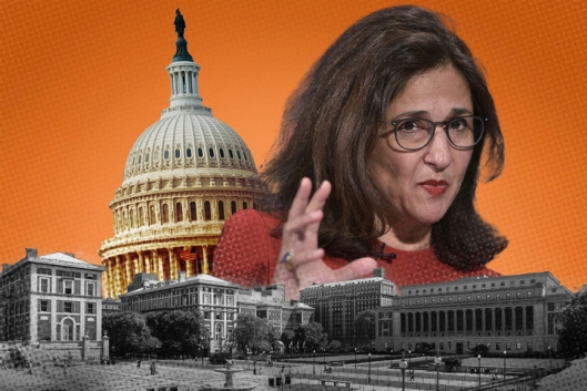 Image of Columbia president Minouche Shafik in front of a silhouette of the Capitol building