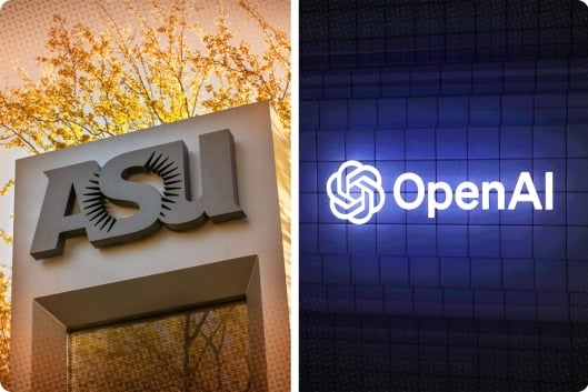The photo is split down the middle: On the left side is sign with the initials “ASU” and on the right side is the OpenAI name and logo.