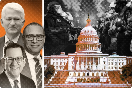 A photo illustration of the leaders of UCLA, Rutgers, and Northwestern set against a photo of the U.S. Capitol.