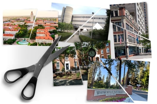 A photo illustration of campus photos being cut with scissors.