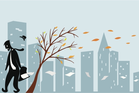 Man walks forlornly through a blue city as leaves fall off a tree and papers fly out of his briefcase
