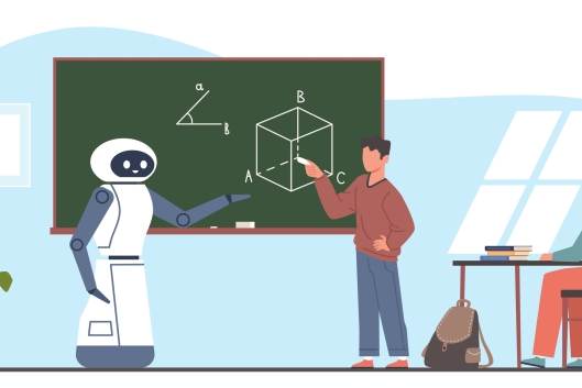 Robot and students in class; one student stands with robot in front of a blackboard pointing at a geometric shape as if teaching the robot 