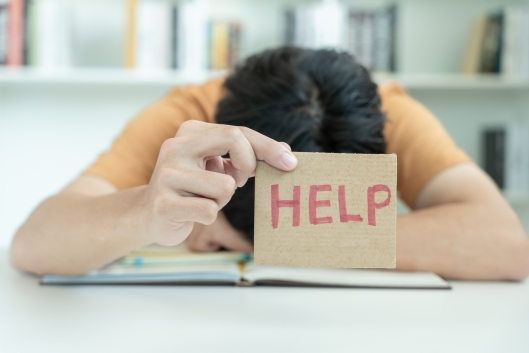 A man wearing an orange T-shirt has his head down on an open textbook as he holds up a cardboard sign with the word “HELP” in capital red letters on it.